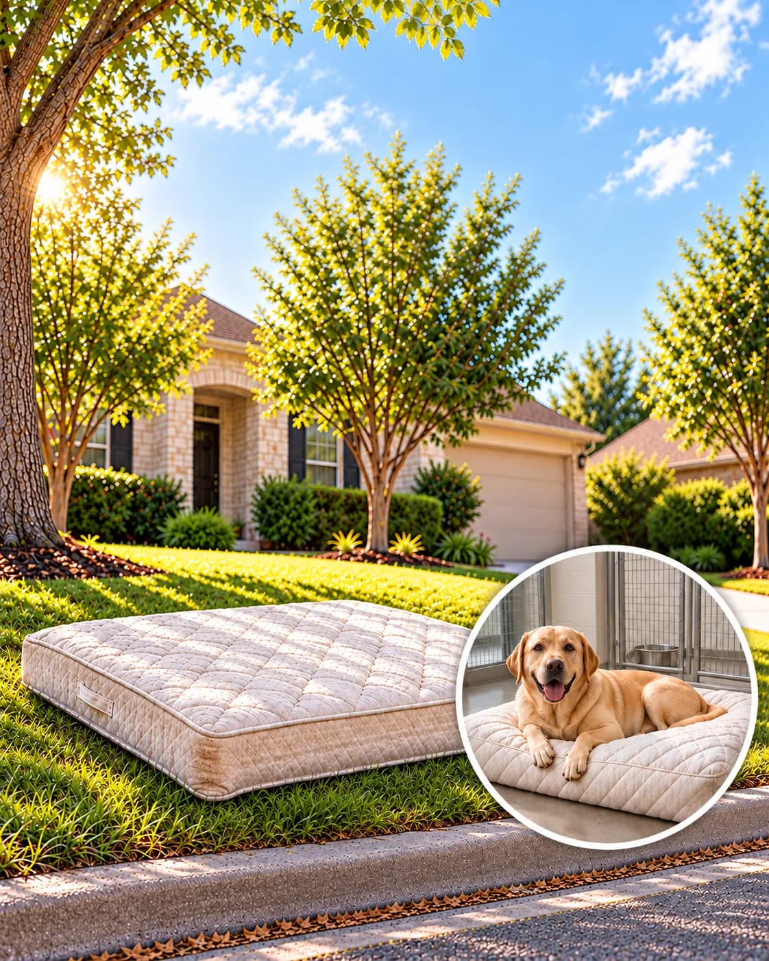 An old mattress at the curb, and a shelter dog resting on a soft quilted dog bed in its kennel